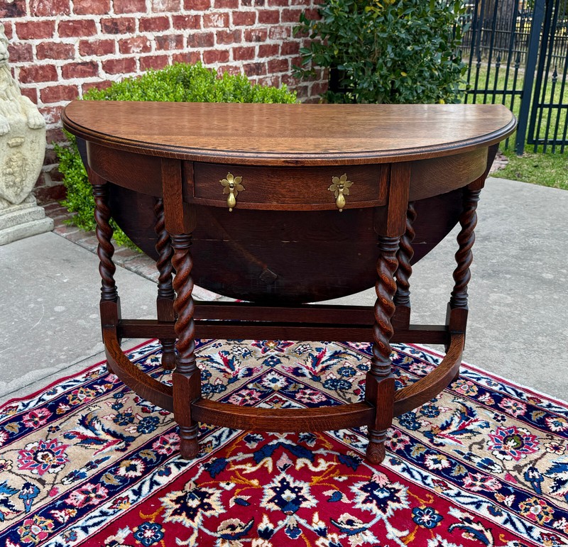 Antique English Demilune Table Drop Leaf Barley Twist w Drawer Oak ROUND 1920-30 gallery