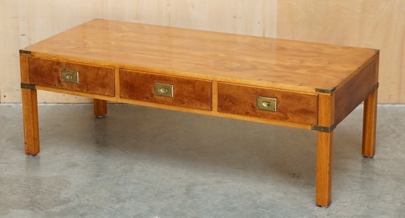 LIGHTLY RESTORED BURR WALNUT & BRASS MILITARY CAMPAIGN THREE DRAWER COFFEE TABLE gallery