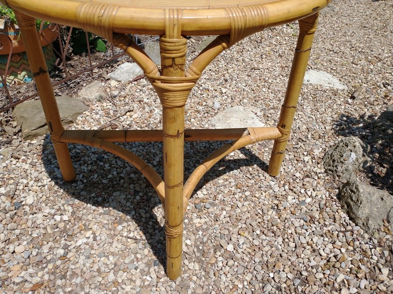 Vintage Mid Century Bamboo Boho Rattan Wicker Demilune Console Table gallery