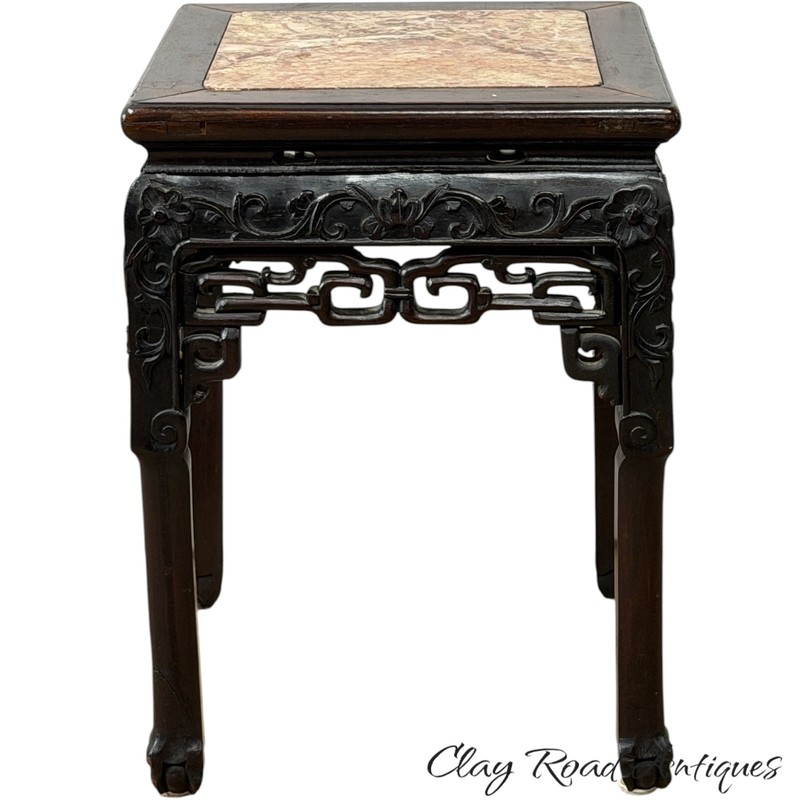 Antique Chinese rosewood victorian rose marble top plant stand pedestal ornate gallery