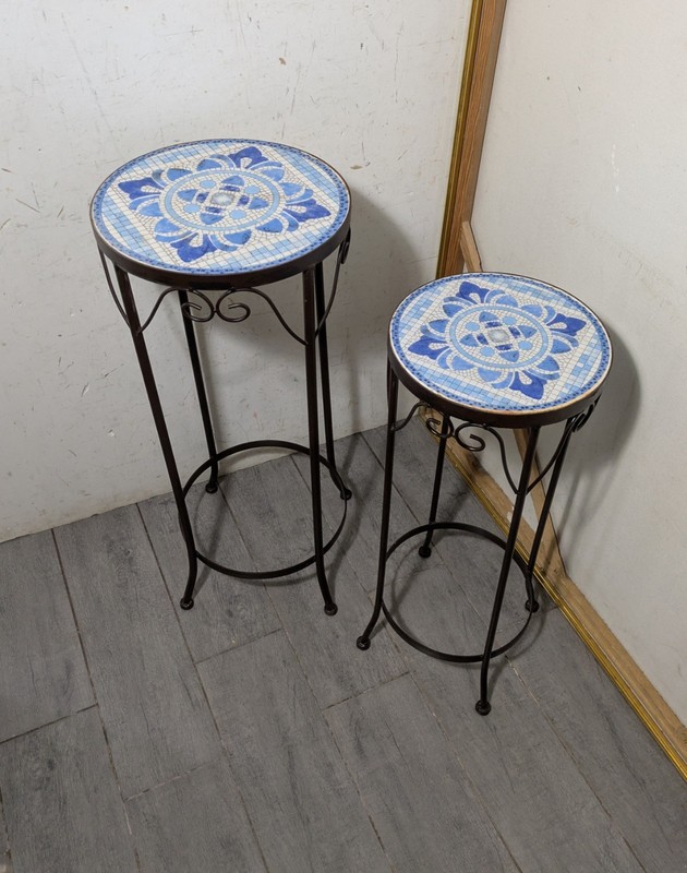Vintage Set of 2 Blue Mosaic Tile Top Pedestal Tables Plant Stand Wrought Iron gallery