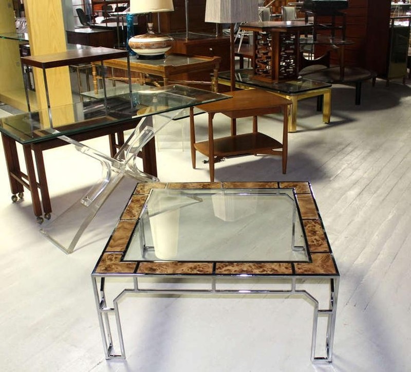 Mid Century Modern Chrome Glass Top Square Coffee Table w Burl Wood Inserts MINT gallery