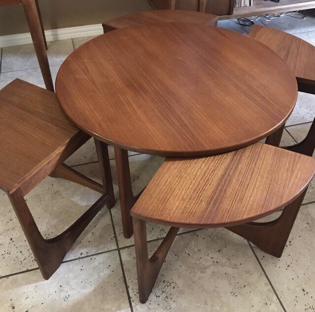 Stunning Sculpted Mid Century Teak Round Nesting Table with Chairs