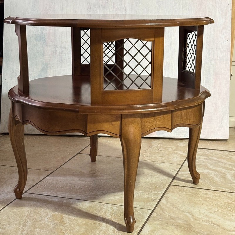 Mid 20th Century Hardwood, Brass Mesh French Round Accent Table 28 x 26″