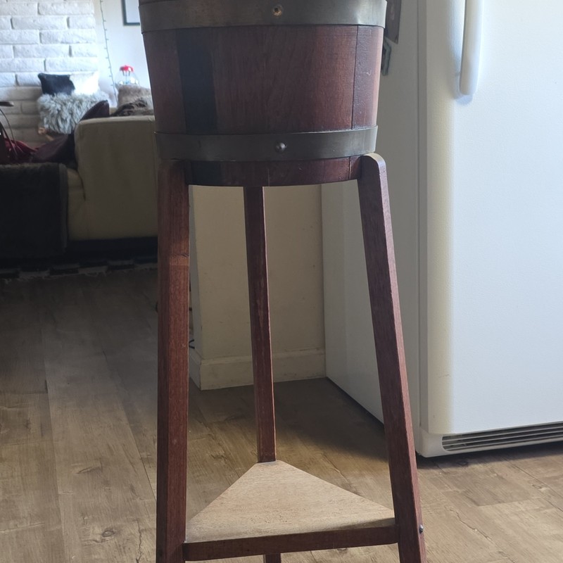 Antique Round Wood & Metal Barrel Accent Table, Brown, Triangular Shelf 36x10x36