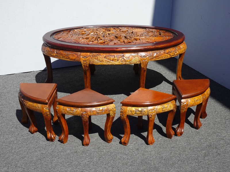 Vintage Chinese Asian Ornately Carved Golden Brown Coffee Table w Four Stools gallery