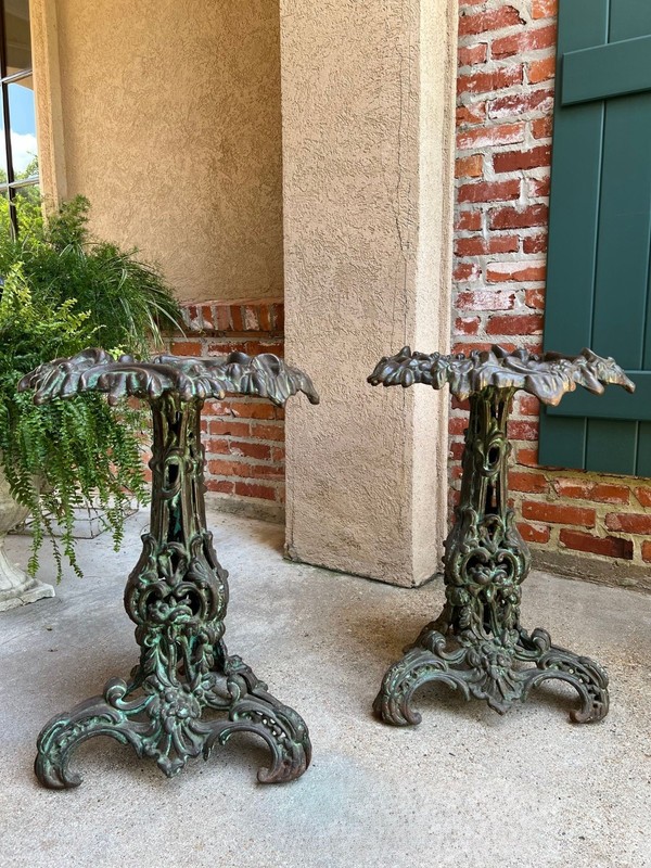 PAIR Antique French Round Side Table Grotto Rococo Cast Iron Plant Stand c1880 gallery
