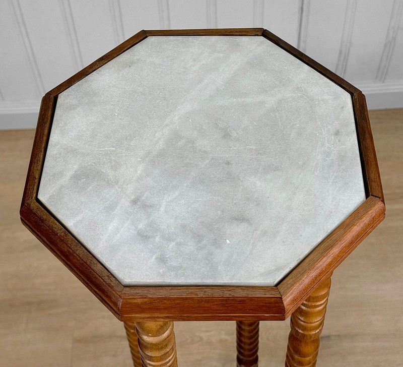Vintage Traditional Turned Walnut & Marble Plant Stand Pedestal gallery