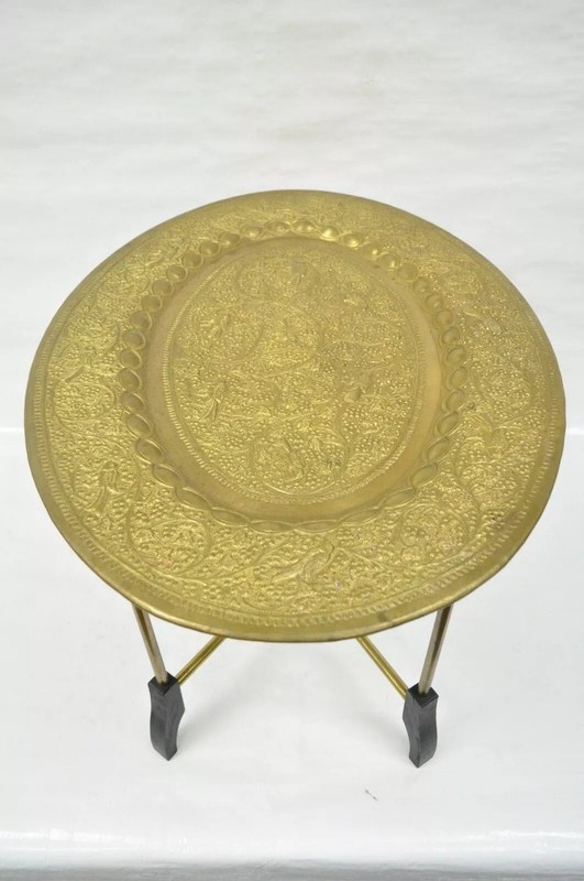 Vintage Moroccan Brass Bird Embossed Oval Tray Folding Small Coffee Table gallery
