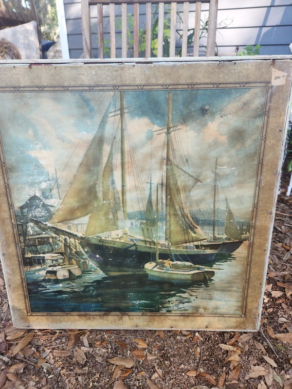 VTG 20s - 40s Wooden Card Table TOP only Sailing Fishing Boat Nautical Cabin gallery