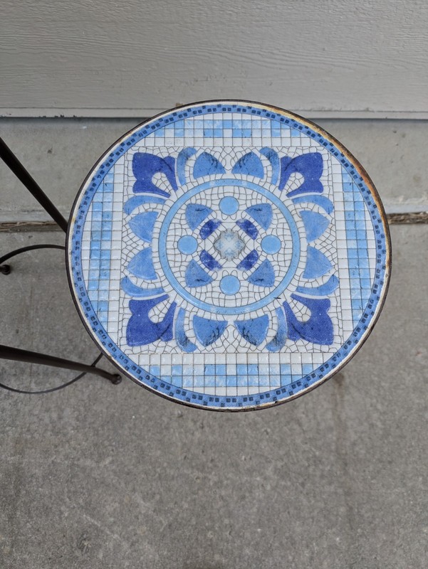 Vintage Set of 2 Blue Mosaic Tile Top Pedestal Tables Plant Stand Wrought Iron gallery