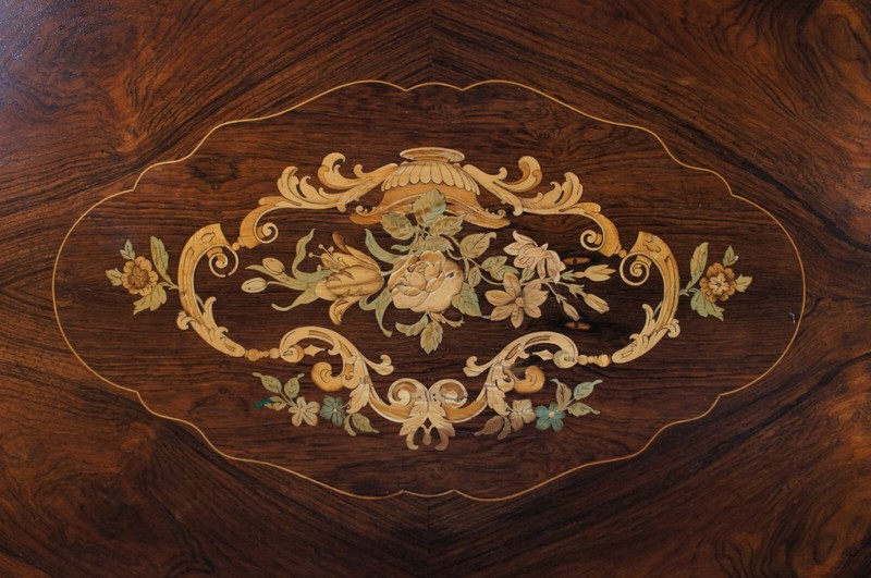 Antique American Renaissance Revival Serpentine Walnut Marquetry Center Table gallery