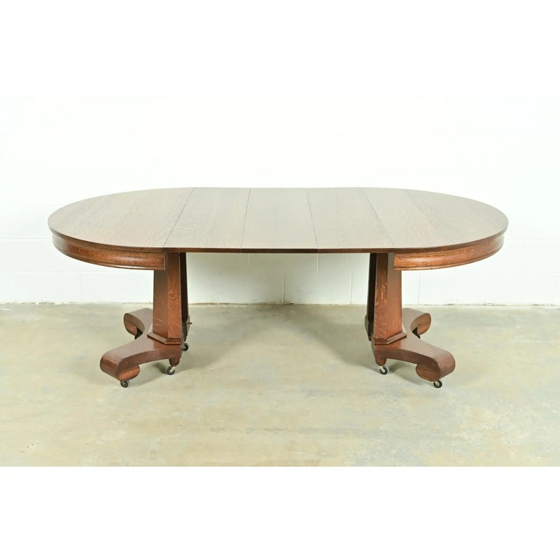 Stickley Style Antique Mission Oak Arts & Crafts Pedestal Extension Dining Table gallery
