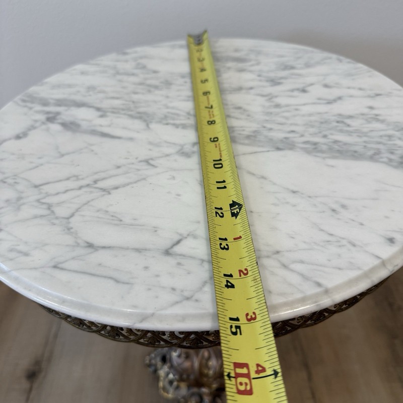 Vintage Hollywood Regency Ornate Brass & Carrara Marble Round Drinks Table gallery