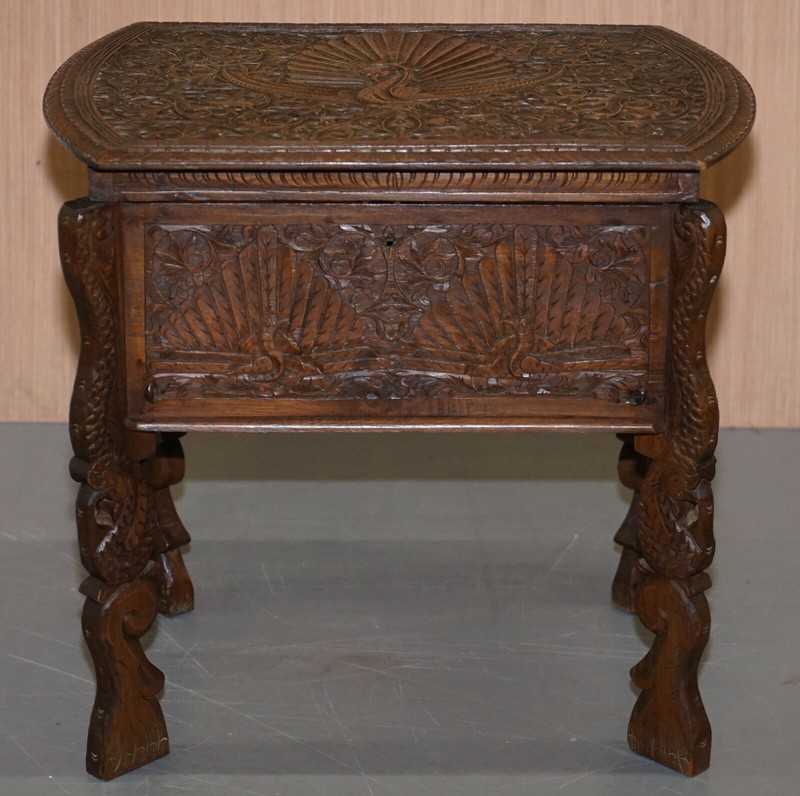 CIRCA 1880 BURMESE HAND CARVED PEACOCK SEWING TABLE CUPBOARD CHEST OPEN TOP gallery