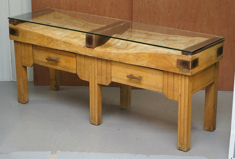 RESTORED CIRCA 1920'S HENNES FRANCE BUTCHERS TABLE BRONZED MOUNTS GLASS TOP gallery