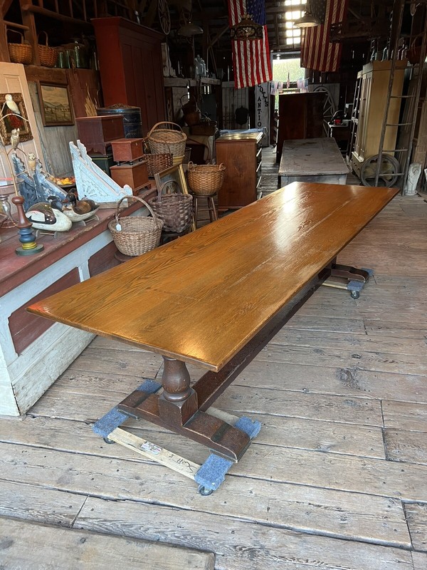 c1900 massive oak Trestle style table gorgeous patina 10’ l X 38.25” w x 29.5”h gallery
