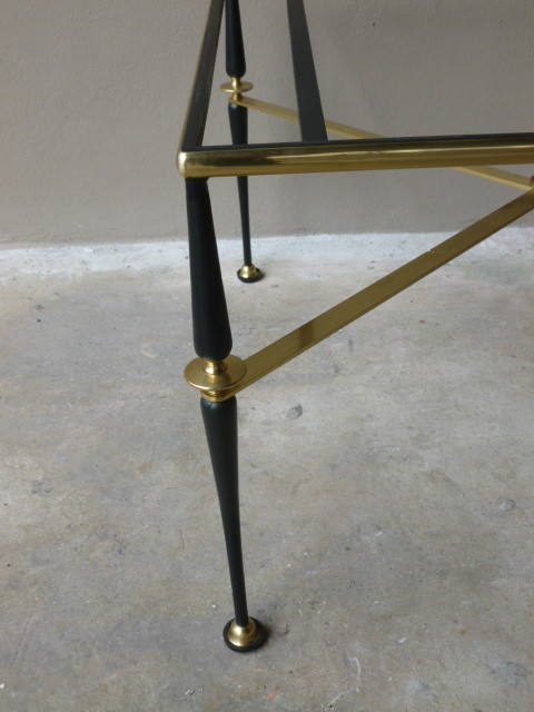 PAIR MID CENTURY FRENCH IRON & BRASS END TABLES W MILK GLASS TOPS MAISON JANSEN gallery
