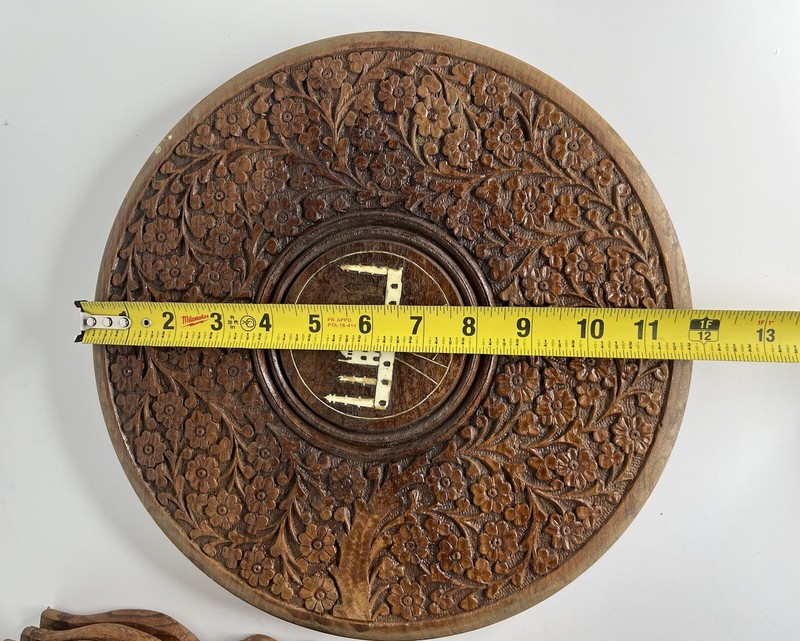 Rare Vintage India Tan Mahal Hand Carved Wood Foldable Table Ornate Inlay 13" gallery