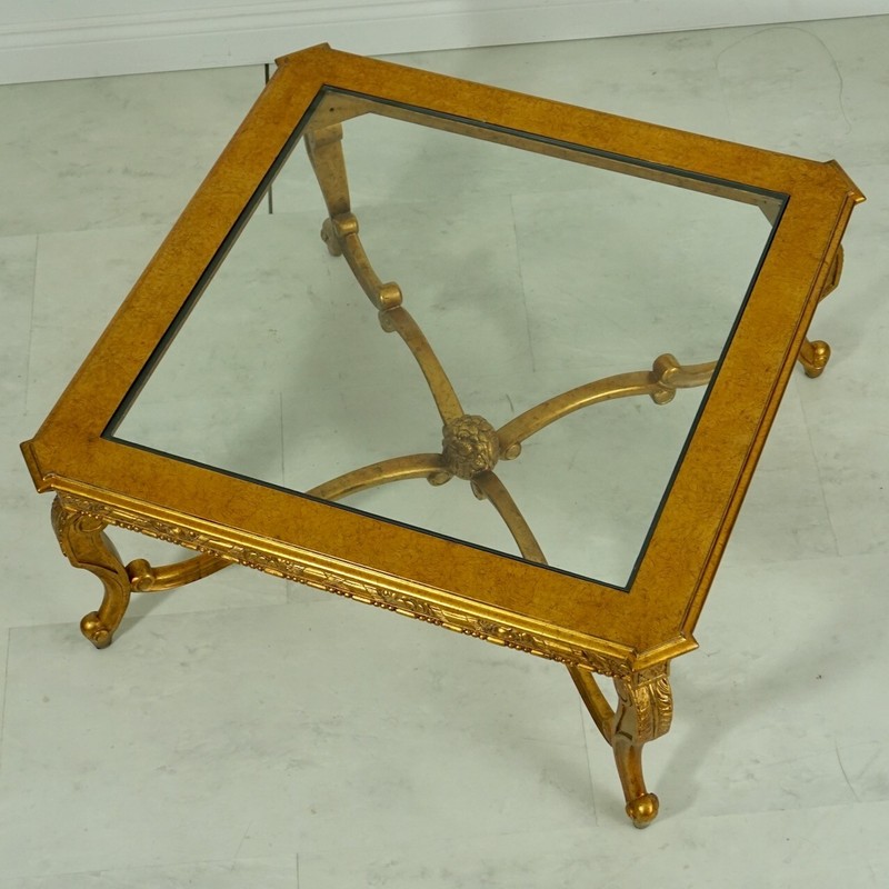 NO TARIFFS! Glass Top French Square Coffee table Mahogany wood Gold Leaf gallery