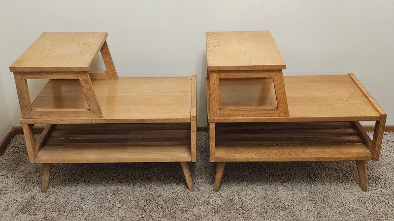 Vtg Mid Century Modern MERSMAN 7506 Blonde Step Up End Tables RARE TRIPLE 3 TIER gallery