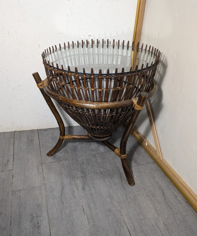 Vintage Mid Century Modern Franco Albini Style Fish Trap Bamboo Rattan Table A gallery