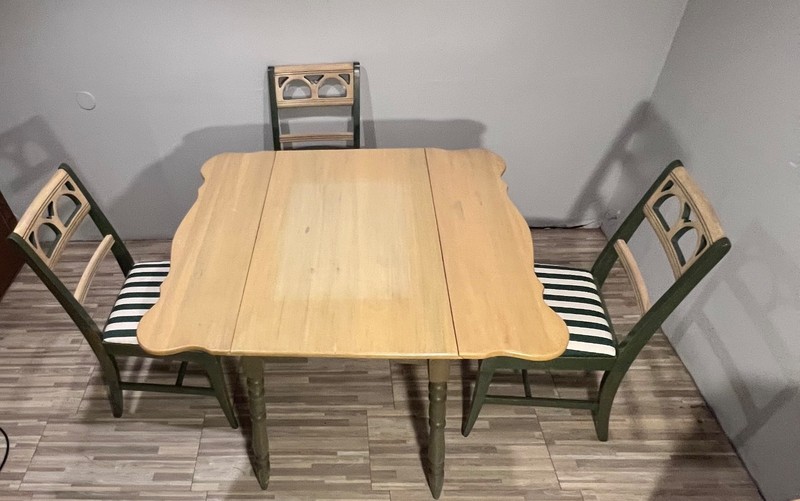 VNTG Kitchen Drop Leaf Table Hardwood/4 Bespoke Seat Chairs