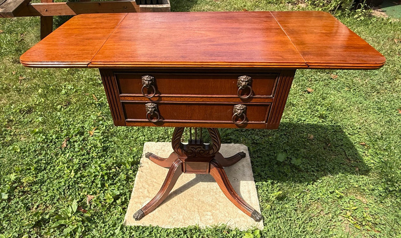 Antique Mahogany Drop Leaf Lyre Table with Drawers & Brass Lion Head Pulls gallery