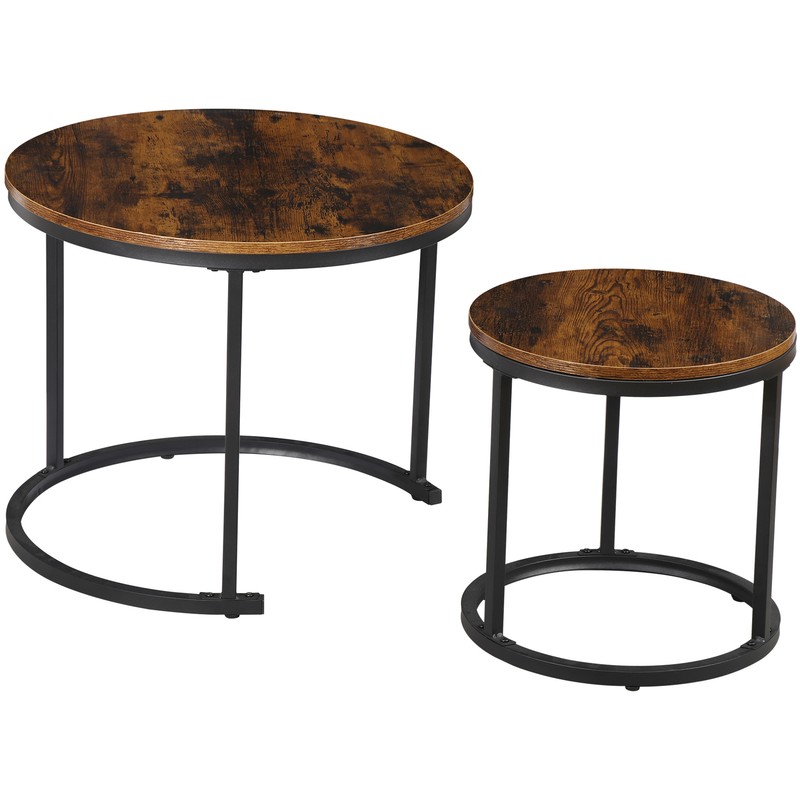Industrial Round Coffee Table Set of 2 Nesting End Tables for Small Spaces Brown