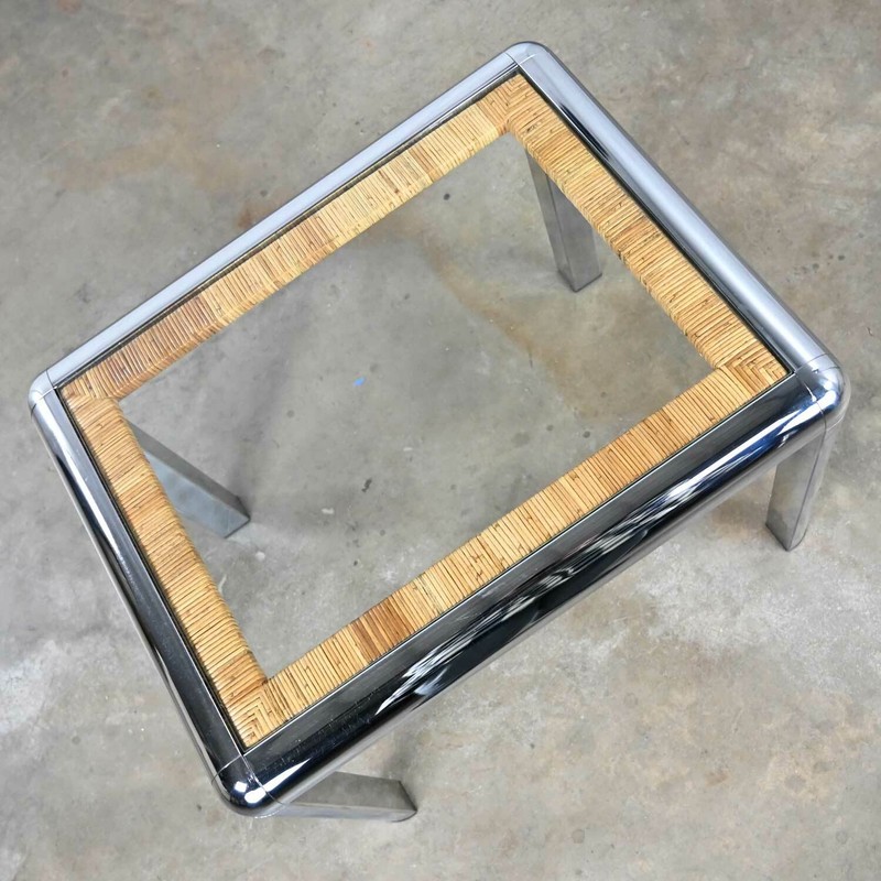 Vintage Modern Rectangular Chrome Glass & Wrapped Rattan Side Table Attr to DIA gallery