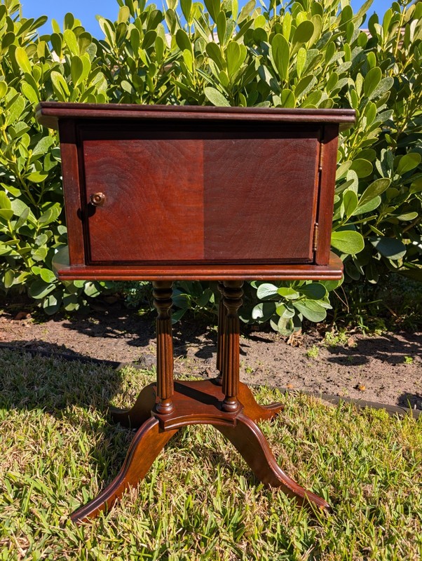 Vintage Mahogany Pedestal Side Table Cabinet Fluted Columns Drop Door Smoke Stan
