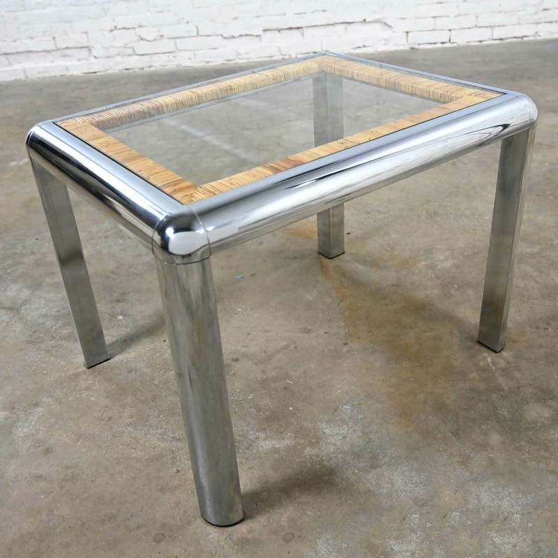 Vintage Modern Rectangular Chrome Glass & Wrapped Rattan Side Table Attr to DIA gallery