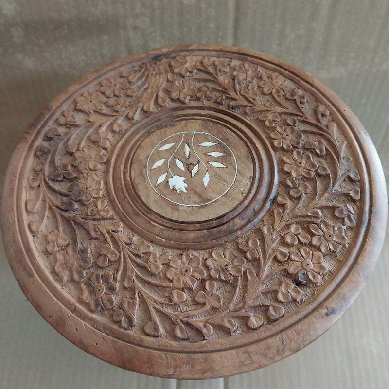 Vtg Hand Carved Teak Wood Mini Table Display Plant Stand w/ Folding Base 8.5"H gallery
