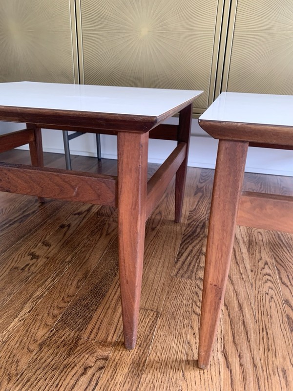 Vintage Mid Century Walnut Base Laminate Top Low Side Tables - a Pair gallery
