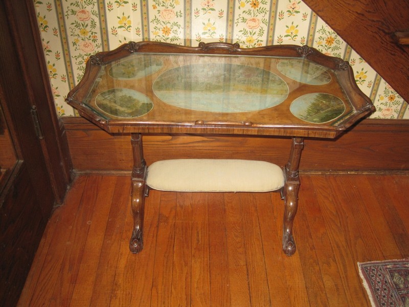 Antique Table Walnut Five Hand Painted Scenes with Glass Top 1840's
