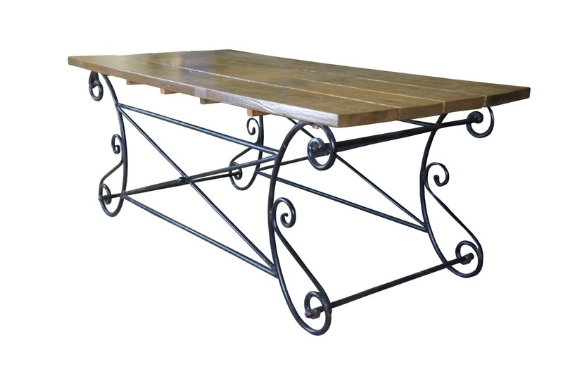 Vintage Neoclassical Directoire Scrolled Iron Outdoor Plank Top Dining Table 72" gallery