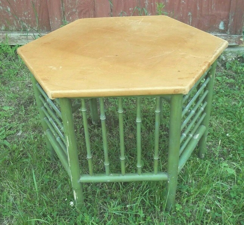 VINTAGE MID CENTURY 6 SIDED BAMBOO TABLE WITH LEATHER TOP