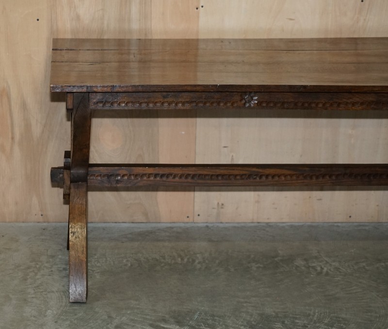 VINTAGE HAND CARVED CIRCA 1950'S TRESTLE DINING TABLE ENGLISH OAK JACOBEAN STYLE gallery