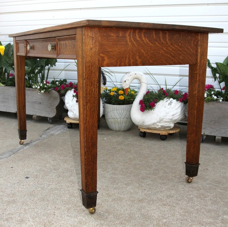 Antique Brilliant Quartered Oak Desk Library Table Cast Iron Industrial Cap Feet gallery