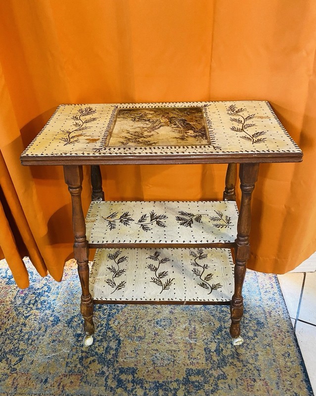 VINTAGE HAND PAINTED WOOD SIDE TABLE WITH CASTER WHEELS COOL PIECE SEE PHOTOS gallery