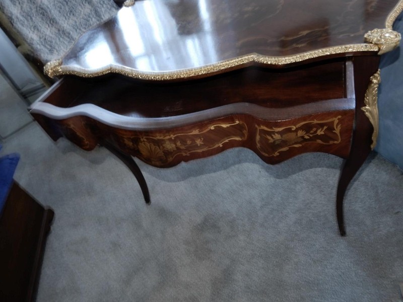 Antique French inlaid console table desk with drawer ormolu gilt trim 40 inch gallery