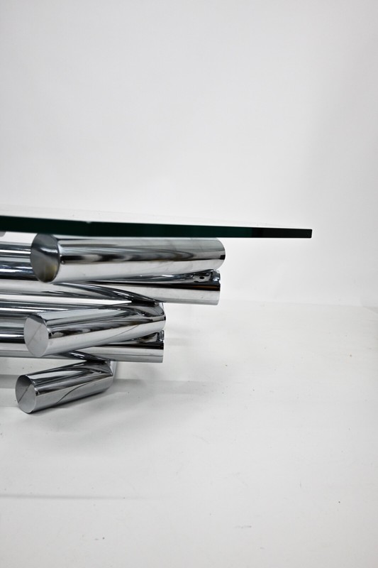 1970s Iconic Paul Mayen Style Chrome Coffee Table - Octagonal Glass Top gallery