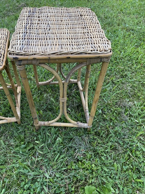 Very Bamboo Rattan Wicker Side NestingTable Rattan Stool Wicker Stand Lot 2 gallery