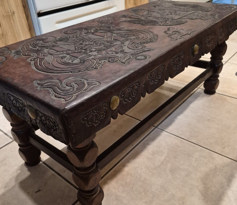 1960s Vintage Mid-century Peruvian Hand-Tooled Leather-Topped Wood Coffee Table