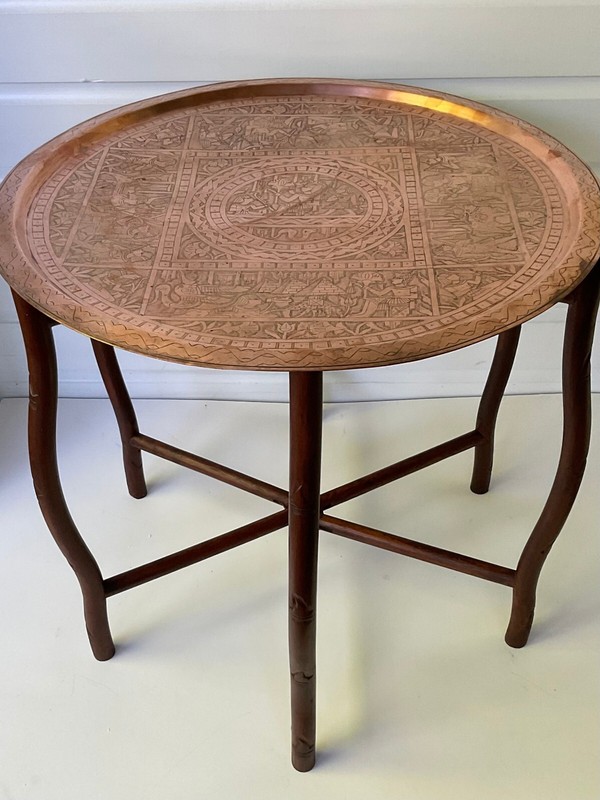 Turkish Copper Tea Table Egyptian Scenes on Folding Bamboo Motif Wood Base VTG