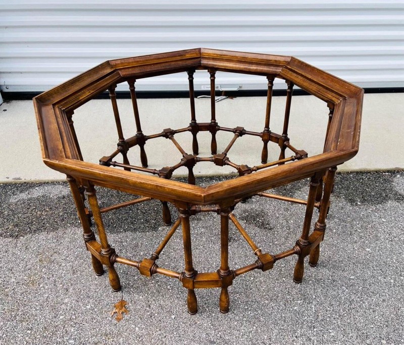 Vintage RARE Octagonal Coffee Table With Sunken Glass Top Dark Wood Spindle Legs gallery