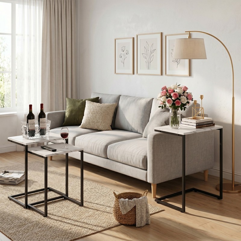 Set of 3 Industrial End Table Side Tables for Living Room Bedroom Balcony White