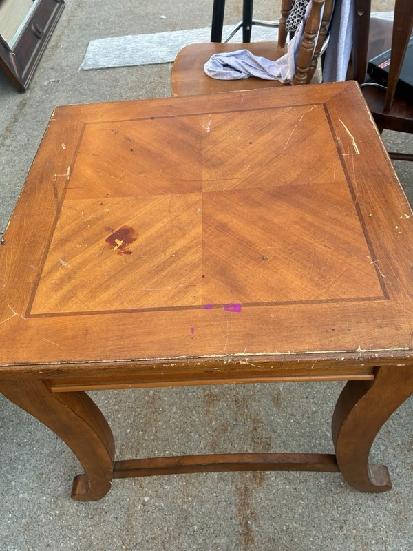 Antique Wood Side Table, Square, Brass Studs, Brown, 25"H x 25"W x 25"L, Indoor