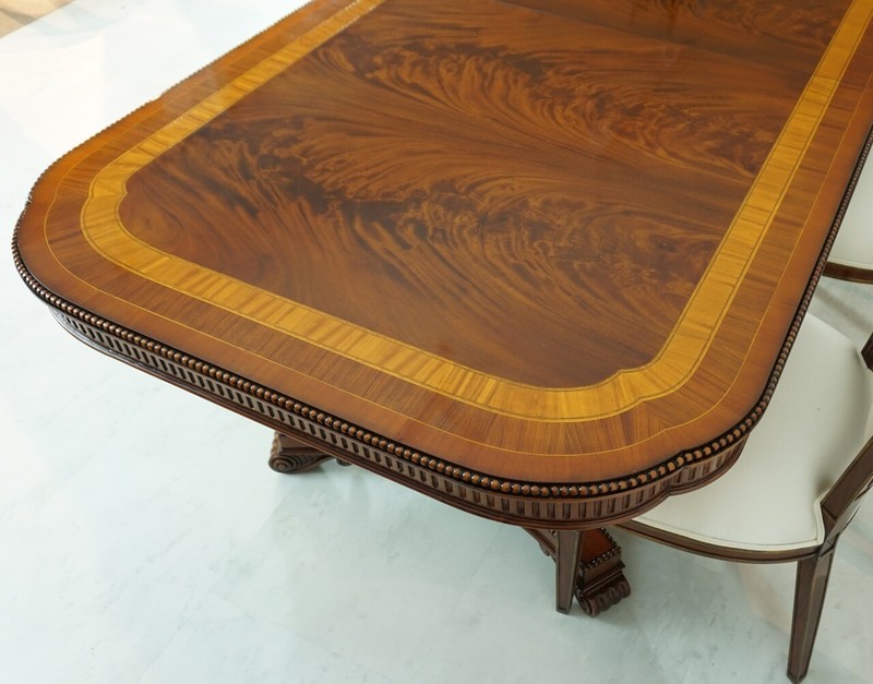 10' heavy skirted flamed mahogany 2 pedestal formal dining table gallery