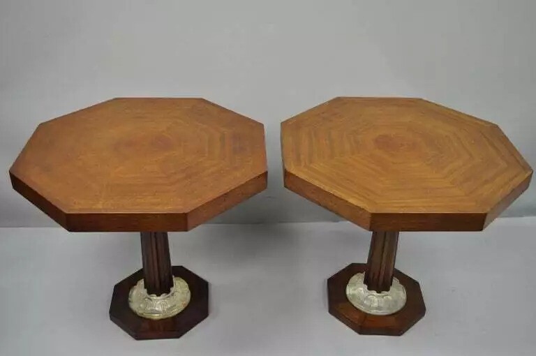 Art Deco Grosfeld House Style Octagonal Mahogany & Lucite Pedestal Side Tables gallery